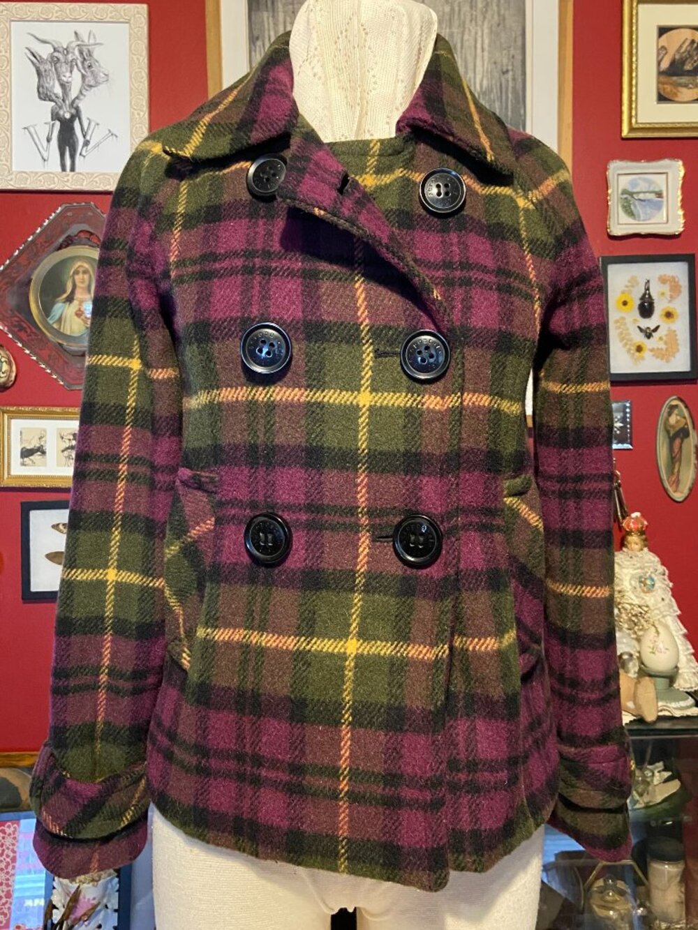 Aeropostale Plaid Pea Coat Small/Petite Plum and Green Double Breasted Button Up